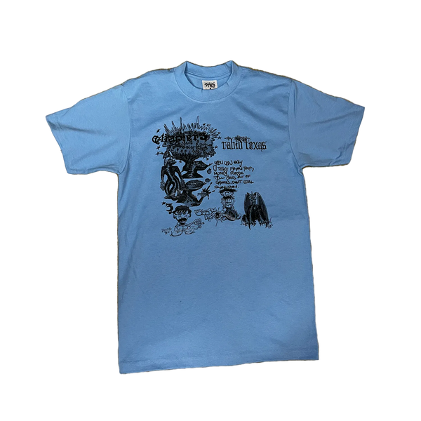 Blue t-shirt with graphic design on a white background