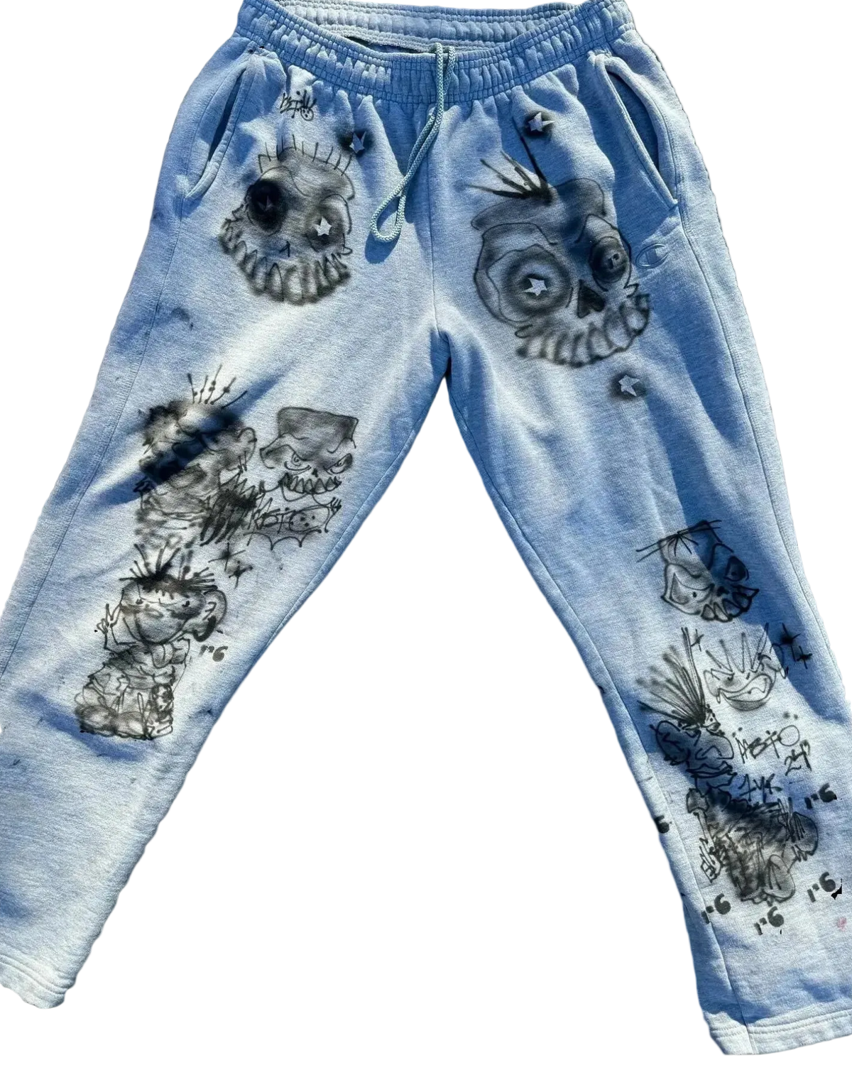 Grey sweatpants with black skull and crossbones designs