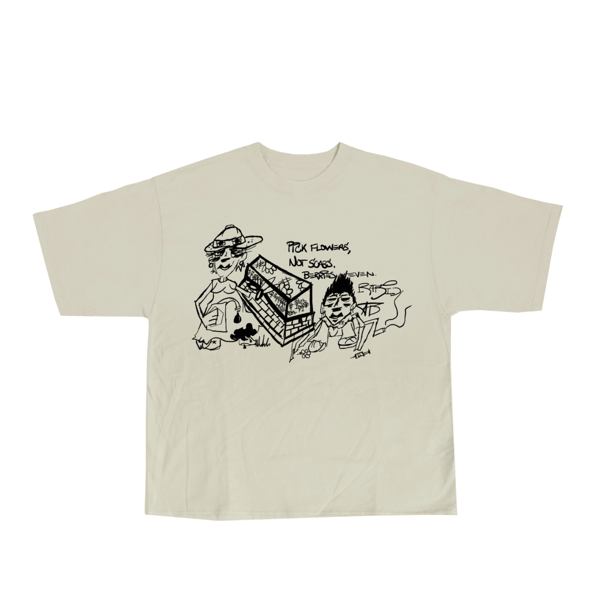 Beige t-shirt with black graphic design on a white background