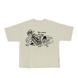 Beige t-shirt with black graphic design on a white background