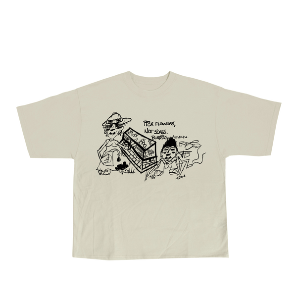 Beige t-shirt with black graphic design on a white background