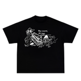 Black t-shirt with white graphic design on a white background