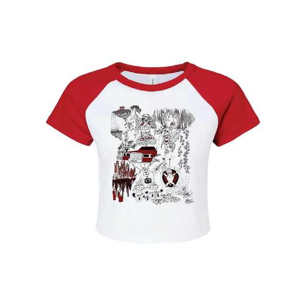 White and red baseball shirt with graphic design on a white background