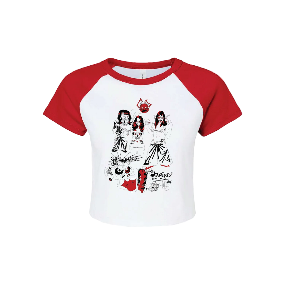 White and red baseball shirt with graphic design on a white background