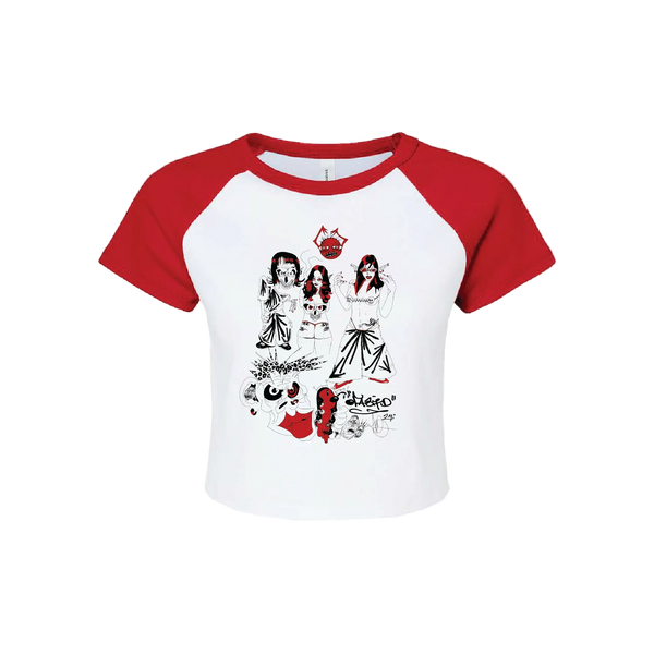 White and red baseball shirt with graphic design on a white background