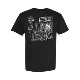 Black t-shirt with white graphic design on a white background