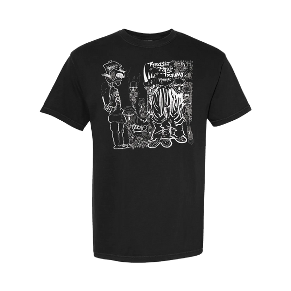 Black t-shirt with white graphic design on a white background