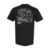Black t-shirt with white graphic design on the back, displayed on a white background
