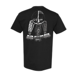 Black t-shirt with a white graphic design on the back against a white background