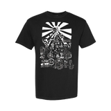 Black t-shirt with a white graphic design on the back against a white background