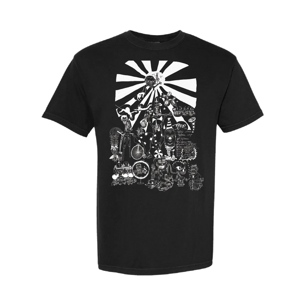 Black t-shirt with a white graphic design on the back against a white background