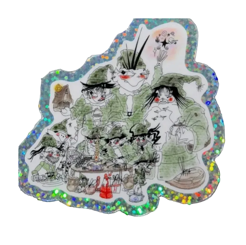 Decorative sticker with cartoon characters and colorful border