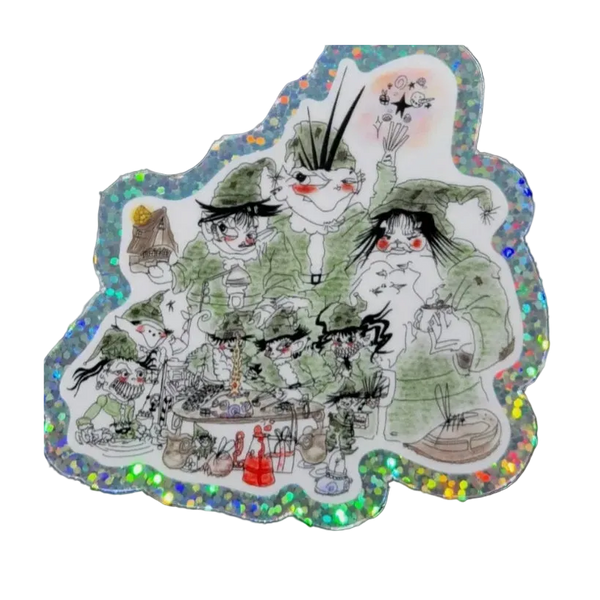 Decorative sticker with cartoon characters and colorful border