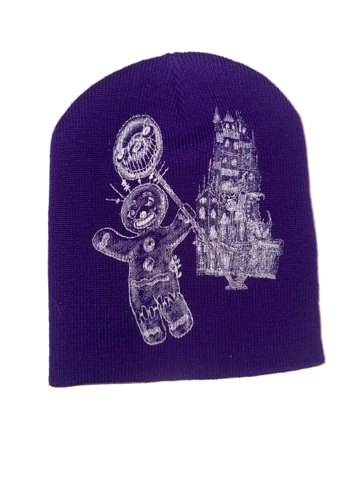 Embroidered beanie with a gingerbread man and castle design on a purple background