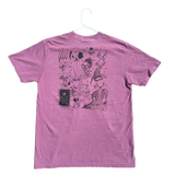 Purple t-shirt with graphic design on a hanger against a concrete floor background