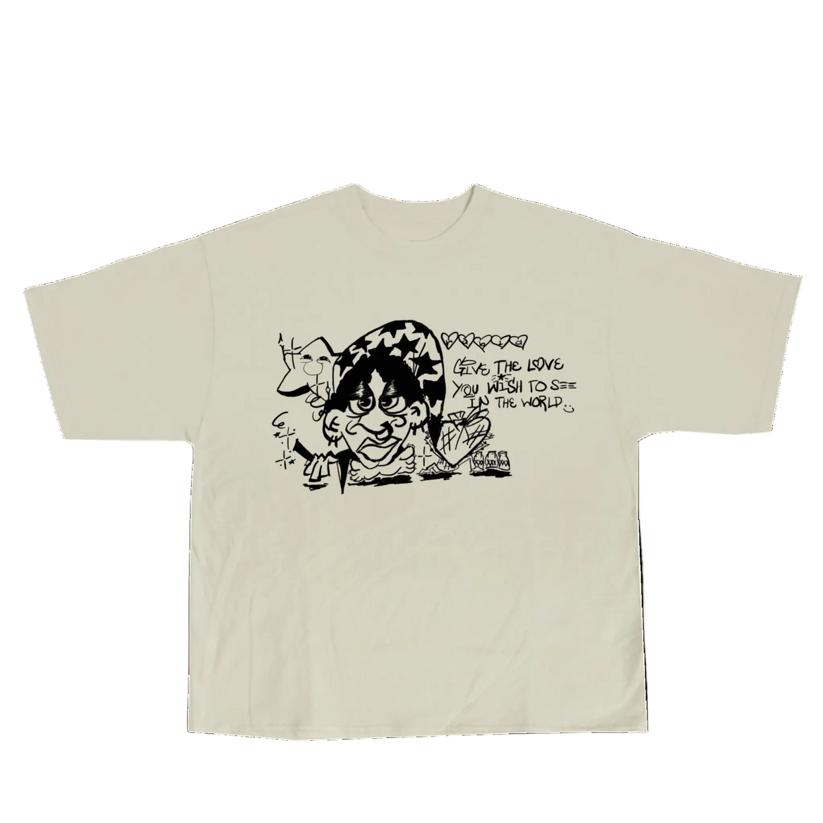 Beige t-shirt with black graphic design on a white background
