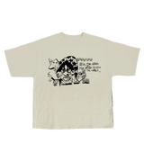 Beige t-shirt with black graphic design on a white background