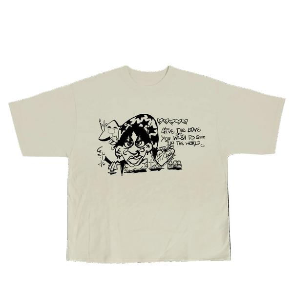 Beige t-shirt with black graphic design on a white background