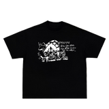 Black t-shirt with white graphic design on a white background