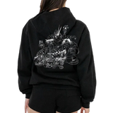 Black hoodie with white graphic design on the back
