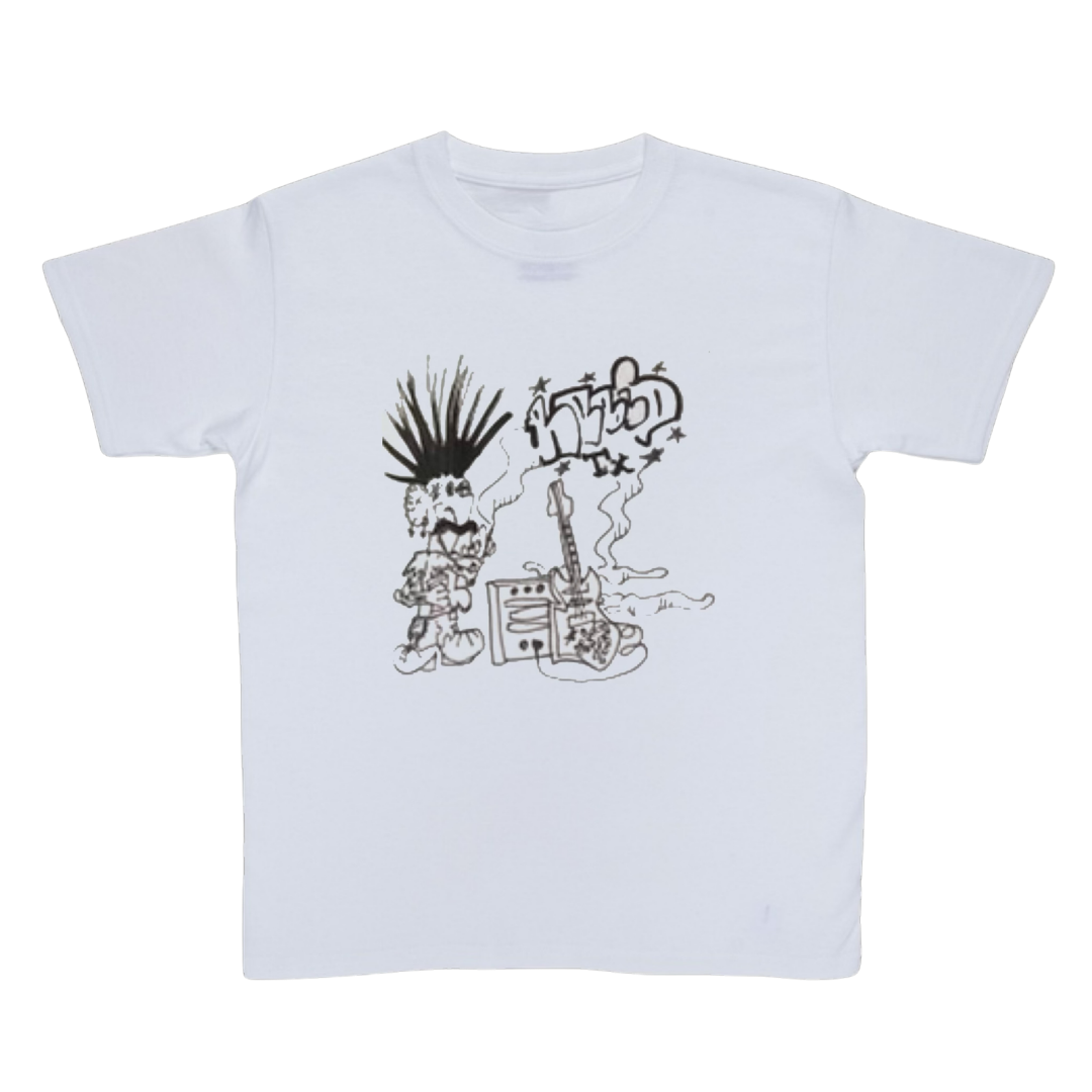 White t-shirt with black graphic design on a white background