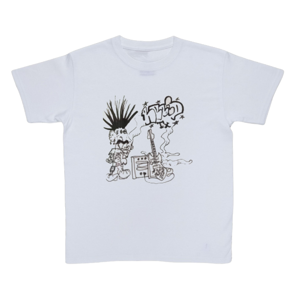 White t-shirt with black graphic design on a white background
