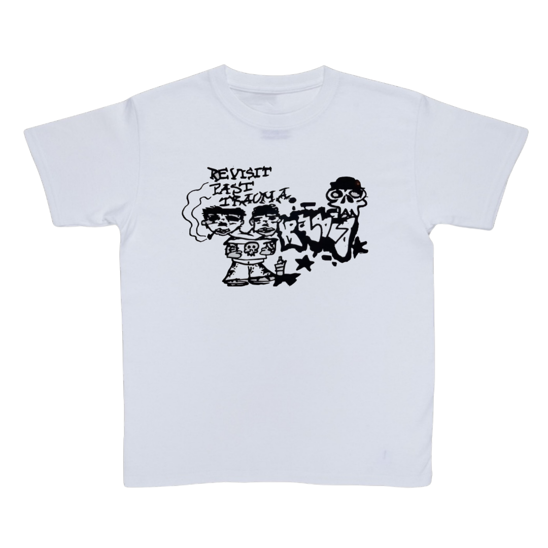 White t-shirt with black graphic design on a white background