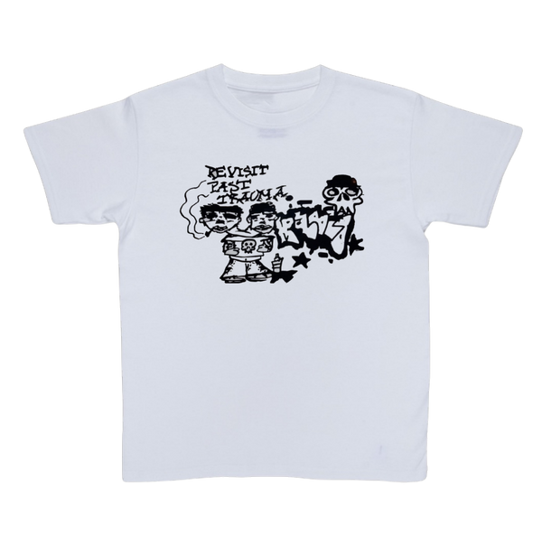 White t-shirt with black graphic design on a white background