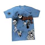 Blue t-shirt with graphic designs on a white background