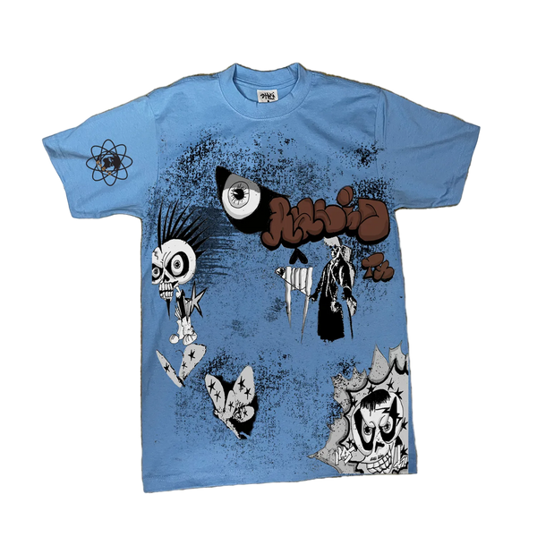 Blue t-shirt with graphic designs on a white background
