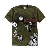 Green t-shirt with graphic designs on a white background