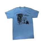 Blue t-shirt with graphic design on a white background