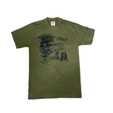 Green t-shirt with graphic design on a white background